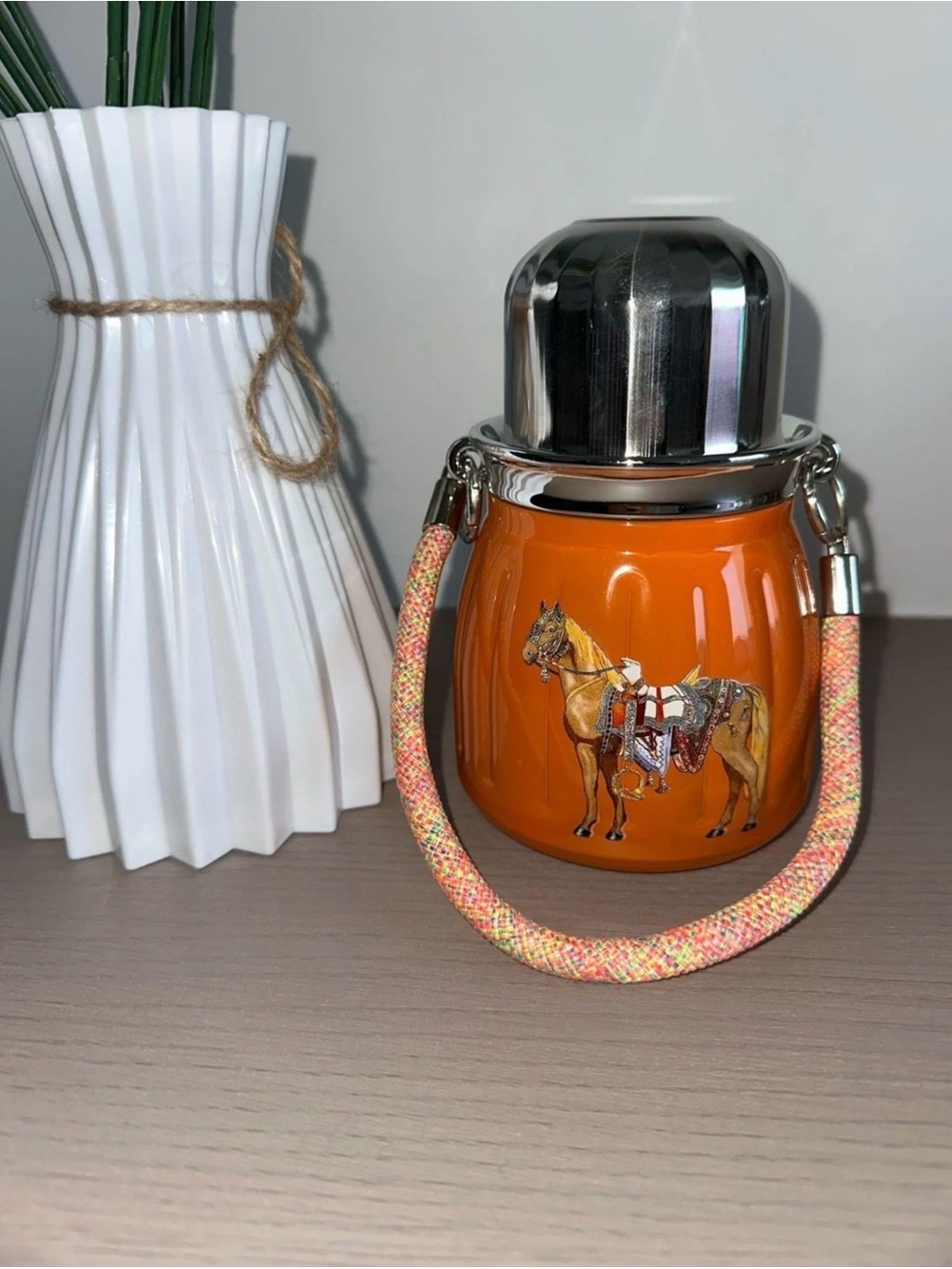 Hermes Orange Horse-Print Decorative flask with Metallic Lid - Picture 4 of 9